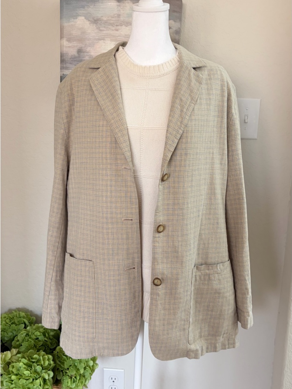 LL BEAN Cream Blue Linen Plaid Blazer Sz 14